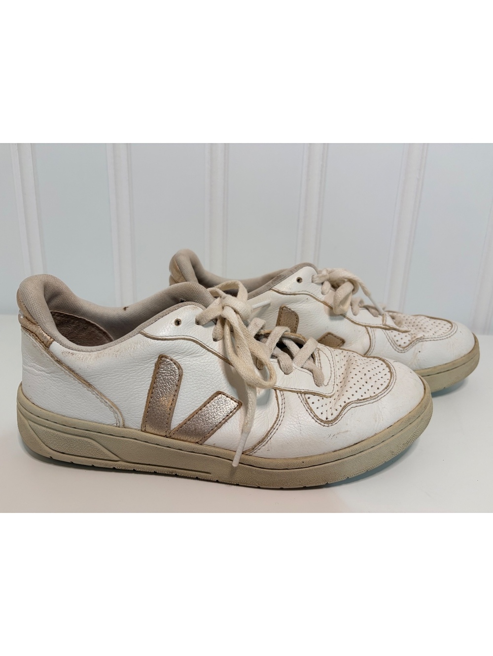 Veja Leather- Cotton V-10 Low Top Sneakers Metallic "V" Logo
